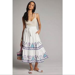 NEW Anthropologie Magda Embroidered Floral Tiered Pull-On Midi Skirt Small
